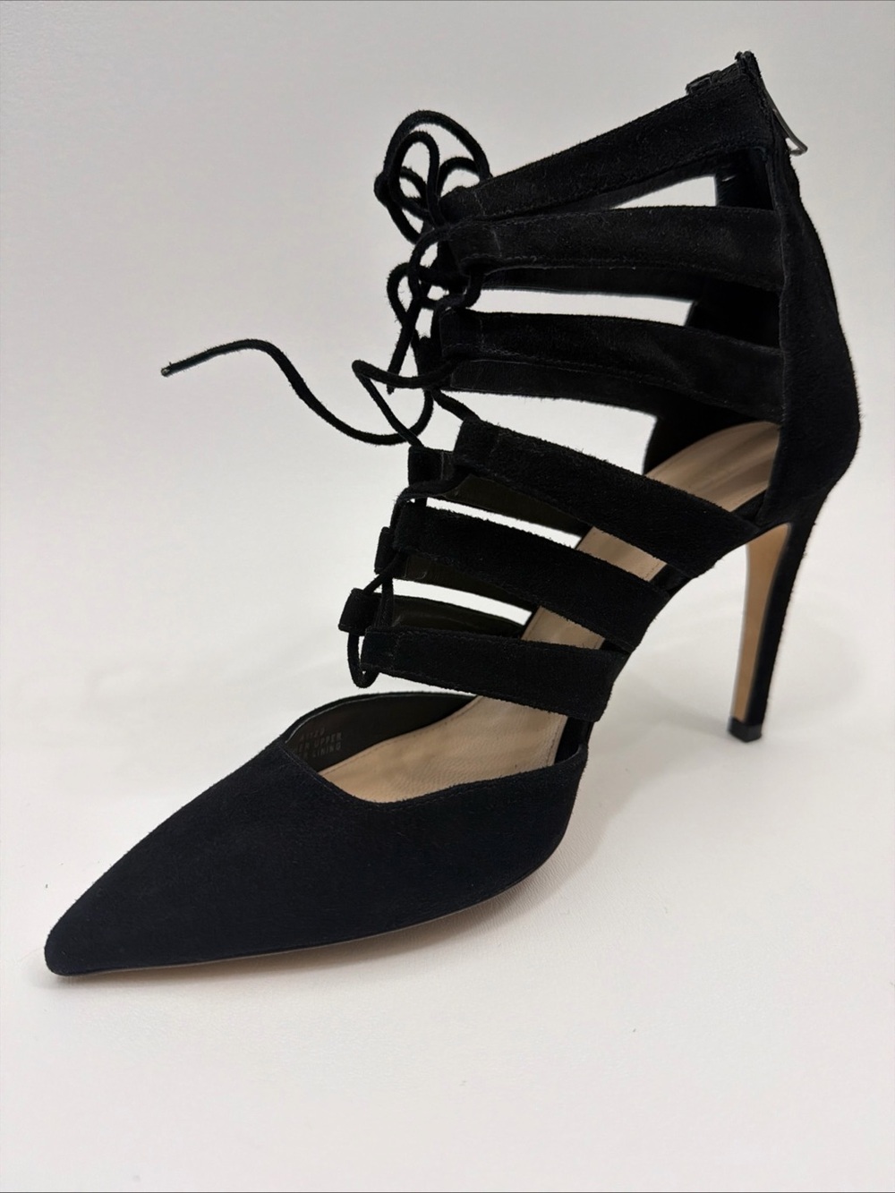 J Crew collection Cage LaceUp Gladiator Heel Pumps Sz 6 1/2 Black Suede 4โ High